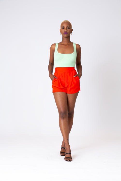 THICK BAND HIGH WAISTED SHORTS W/ PLEATS