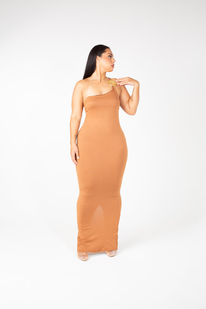 Heidy - One Shoulder Bodycon Maxi Dress w. Gold Ring Detail - D-1189